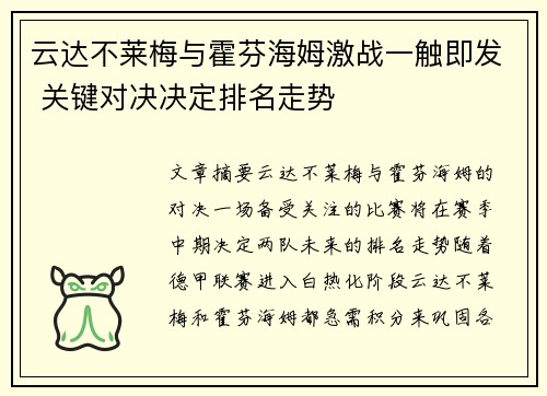 云达不莱梅与霍芬海姆激战一触即发 关键对决决定排名走势