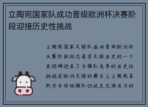 立陶宛国家队成功晋级欧洲杯决赛阶段迎接历史性挑战