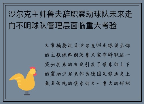 沙尔克主帅鲁夫辞职震动球队未来走向不明球队管理层面临重大考验