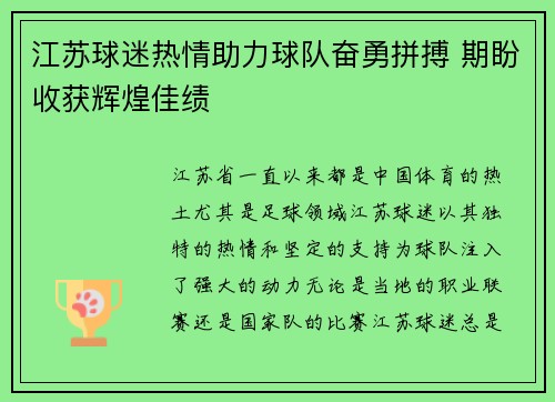 江苏球迷热情助力球队奋勇拼搏 期盼收获辉煌佳绩