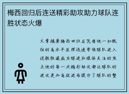 梅西回归后连送精彩助攻助力球队连胜状态火爆