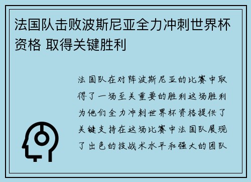 法国队击败波斯尼亚全力冲刺世界杯资格 取得关键胜利