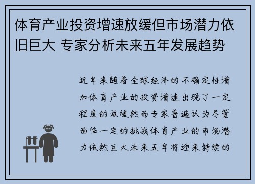 体育产业投资增速放缓但市场潜力依旧巨大 专家分析未来五年发展趋势